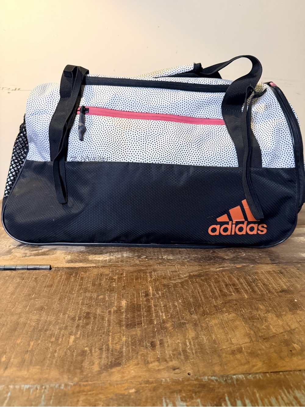 adidas Black & White Duffel with Coral Logo and Zipper